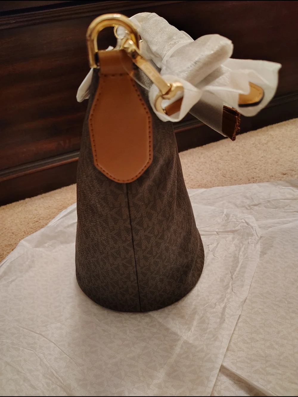 Michael Kors Brown Signature Bucket Bag with Gold Hardware
